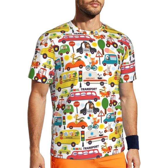 Wukai Transports with Animals Print Men's Short-Sleeved Mesh T-Shirt,Quick-Dry Short Sleeve Workout T-Shirt-X-Small