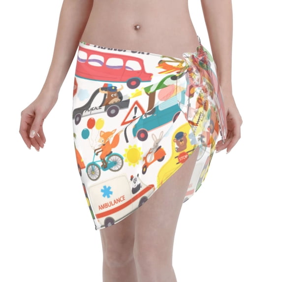 Wukai Transports with Animals Women’s Short Sarongs Beach Wrap Bikini Bottom Short Skirt Chiffon Scarf for Swimwear