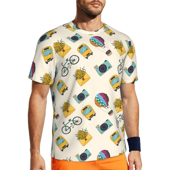 Wukai Travel Elements Print Men's Short-Sleeved Mesh T-Shirt,Quick-Dry Short Sleeve Workout T-Shirt-Large