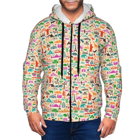 Wukai Travel Print Men's Zip-Up Hoodie,Fleece Full-Zip Hoodie for Men, Hooded Sweatshirt-Large