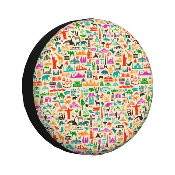 Wukai Travel Print Spare Tire Cover for RV Trailer,Waterproof PVC Faux Leather Wheel Cover Fit for Truck,Trailer,RV,SUV,Camper and Most Vehicle-15 inch