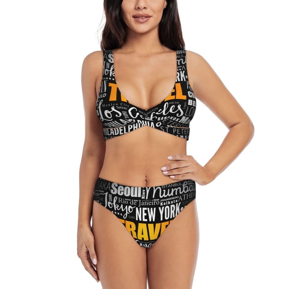 Wukai Travel Women's Bikini Set Two Piece,wimsuit High Waisted V Neck Twist Front Adjustable Spaghetti Straps Bathing Suit-Small