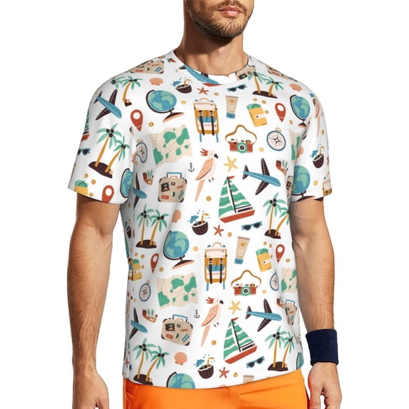 Wukai Travel1 Print Men's Short-Sleeved Mesh T-Shirt,Quick-Dry Short Sleeve Workout T-Shirt-Medium