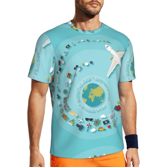 Wukai Travelling on Airplane Print Men's Short-Sleeved Mesh T-Shirt,Quick-Dry Short Sleeve Workout T-Shirt-Medium