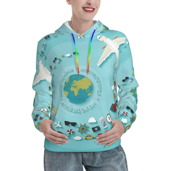 Wukai Travelling on Airplane Print Womens Hoodies Fleece Sweatshirts Long Sleeve Sweaters Pullover Fall Outfits Winter Clothes-Medium