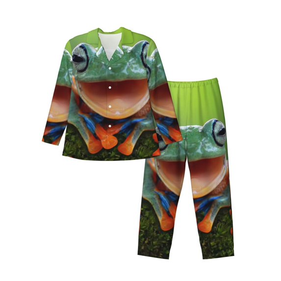 Wukai Tree Frog Men's Long-Sleeve Pajama Set - Comfortable Sleepwear with Button-Down Shirt and Pants-XX-Large