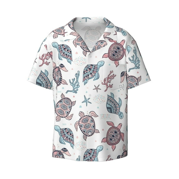 Wukai Tribal Style Turtle Men's Casual Short-Sleeve Button Down Shirt - Lightweight Summer Dress Shirt for Daily Wear-3X-Large
