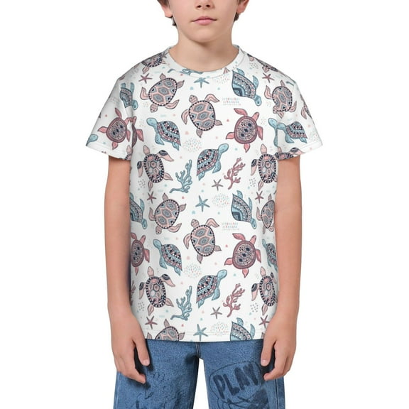 Wukai Tribal Style Turtle Youth Unisex Short Sleeve T-Shirt for Boys, Girls, Teens, and Kids-Large