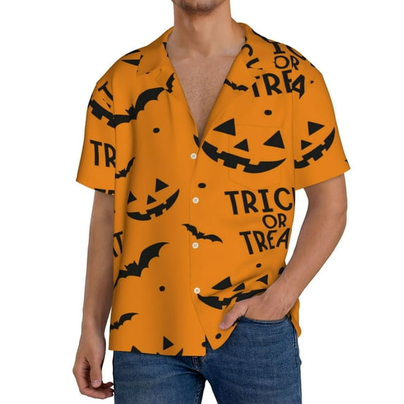 Wukai Trick Or Treat Men's Casual Short-Sleeve Button Down Shirt,Cuban Shirts for Men,Mens Short Sleeve Dress Shirts-Large