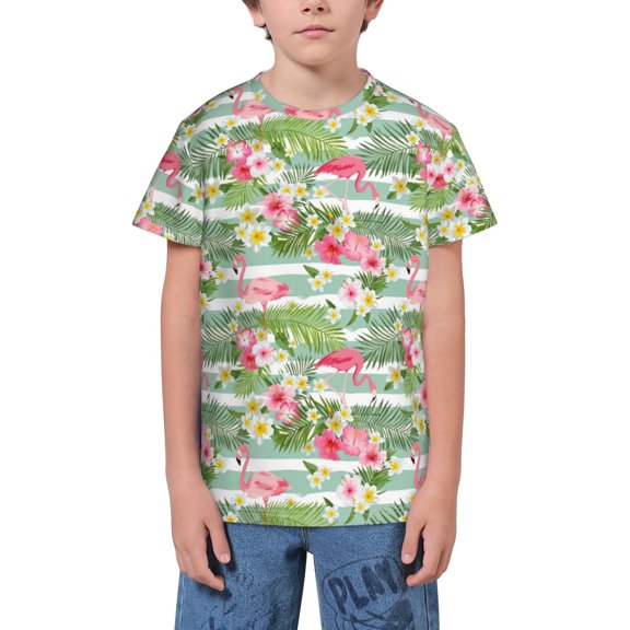 Wukai Tropical Flamingo Youth Unisex Short Sleeve T-Shirt for Boys, Girls, Teens, and Kids-Large