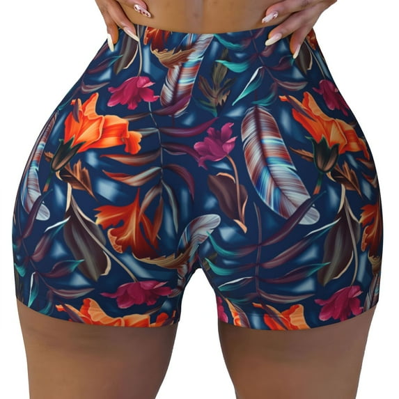 Wukai Tropical Flower Print Pack Biker Shorts for Women Yoga Workout Gym Running Scrunch Active Shorts-XX-Large