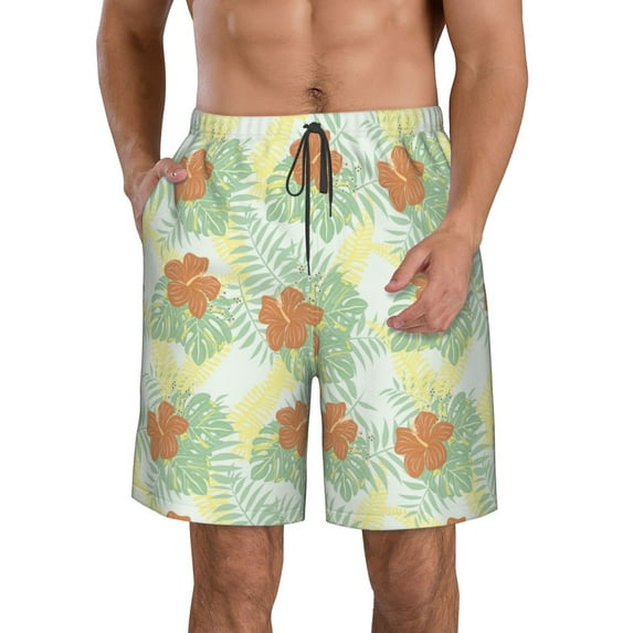 Wukai Tropical Flowers Print Beach Trunks with Compression Liner Swimsuit Quick Dry Beach Sports Shorts with Pocket-Large