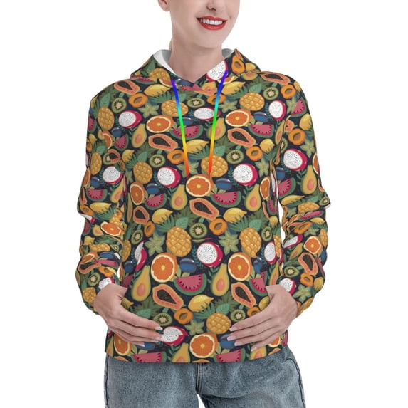 Wukai Tropical Fruits Print Womens Hoodies Fleece Sweatshirts Long Sleeve Sweaters Pullover Fall Outfits Winter Clothes-XX-Large