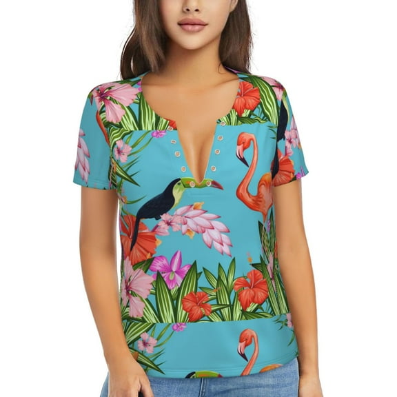 Wukai Tropical Jungle Flamingo Casual V-Neck Graphic Tees for Women: Lightweight and Breathable Summer Tops with Stylish Design-X-Large