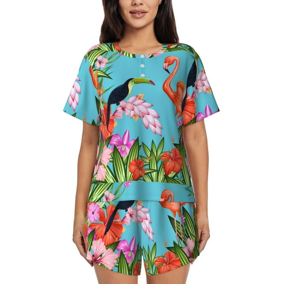 "Wukai Tropical Jungle Flamingo Women's Pajama Set - Short-Sleeve Top and Shorts with Elastic Waistband and Pockets for Loungewear, Yoga, and Casual Wear-3X-Large
