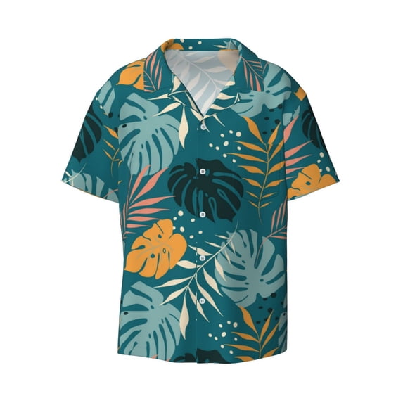 Wukai Tropical Leaves Men's Casual Short-Sleeve Button Down Shirt - Lightweight Summer Dress Shirt for Daily Wear-XX-Large