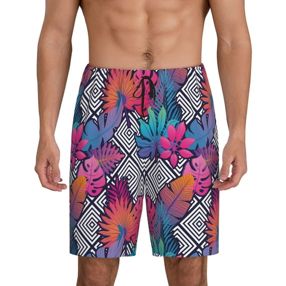 Wukai Tropical Leaves Men’s Short Pajama Pants With Pockets Soft Sleep Pj Shorts for Men-Medium