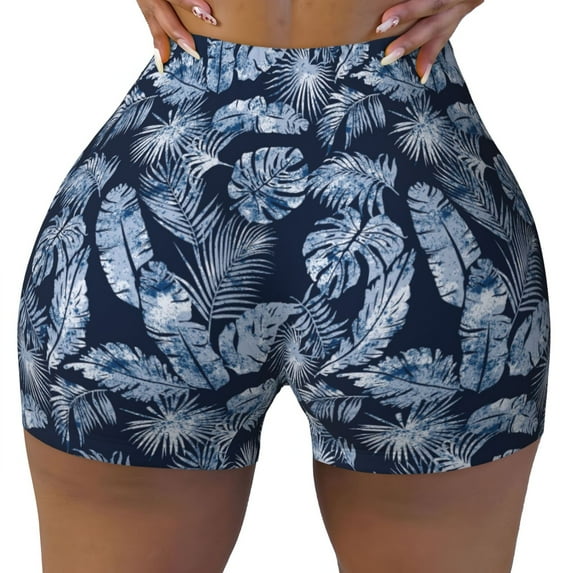Wukai Tropical Leaves Print Pack Biker Shorts for Women Yoga Workout Gym Running Scrunch Active Shorts-XX-Large