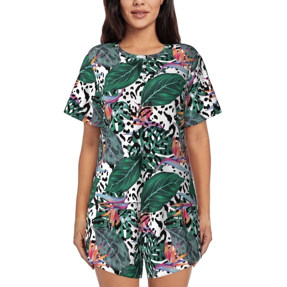 Wukai Tropical Leaves Women's Pajama Set,Short-Sleeve Top and Shorts with Elastic Waistband and Pockets for Loungewear, Yoga, and Casual Wear-3X-Large
