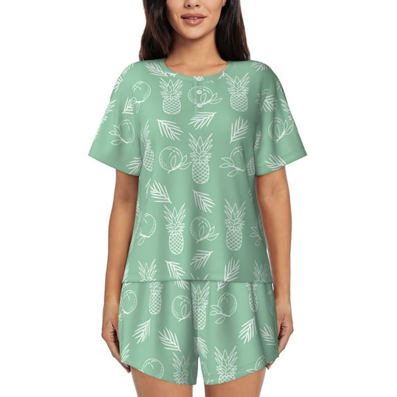Wukai Tropical Pineapple Women's Pajama Set,Short-Sleeve Top and Shorts with Elastic Waistband and Pockets for Loungewear, Yoga, and Casual Wear-