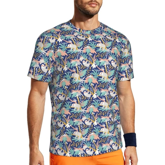 Wukai Tropical Sloth Print Men's Short-Sleeved Mesh T-Shirt,Quick-Dry Short Sleeve Workout T-Shirt-3X-Large
