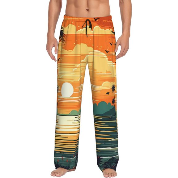 Wukai Tropical Sunset Paradise Mens PJ Pajama Pants|Sleepwear Plaid PJs with Pockets|Men's Lightweight Open-Hem Lounge Pants-Medium