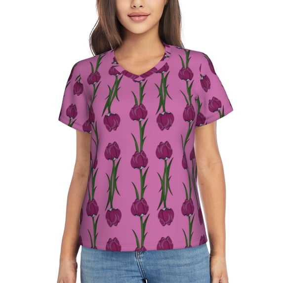 Wukai Tulips Flowers Classic V-Neck T-Shirt for Women: Comfortable, Stylish, and Versatile Wardrobe Essential-X-Large