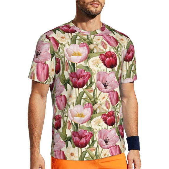 Wukai Tulips Flowers Print Men's Short-Sleeved Mesh T-Shirt,Quick-Dry Short Sleeve Workout T-Shirt-4X-Large