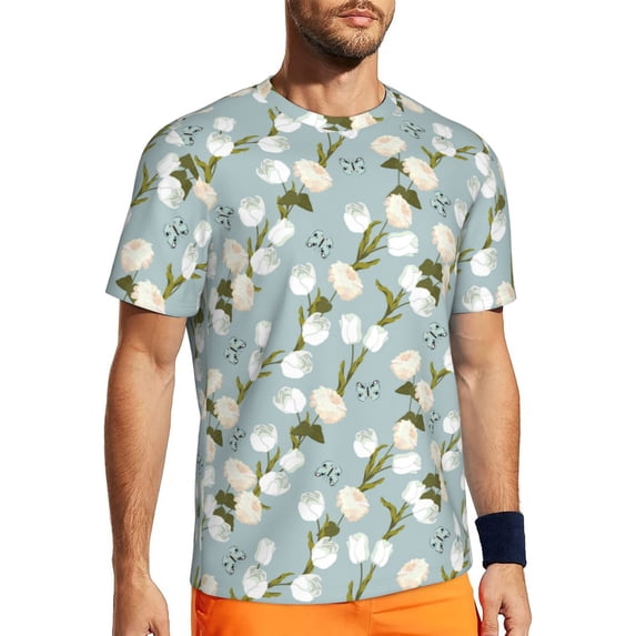 Wukai Tulips Flowers Print Men's Short-Sleeved Mesh T-Shirt,Quick-Dry Short Sleeve Workout T-Shirt-5X-Large