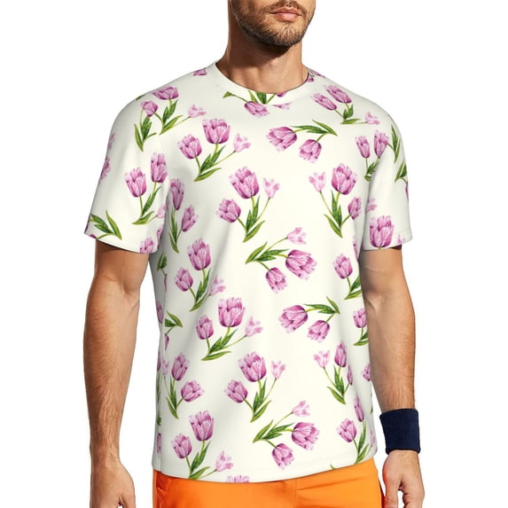 Wukai Tulips Flowers Print Men's Short-Sleeved Mesh T-Shirt,Quick-Dry Short Sleeve Workout T-Shirt-Large