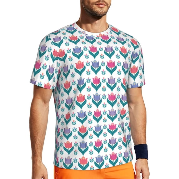 Wukai Tulips Flowers Print Men's Short-Sleeved Mesh T-Shirt,Quick-Dry Short Sleeve Workout T-Shirt-Small