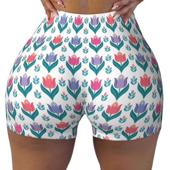 Wukai Tulips Flowers Print Pack Biker Shorts for Women Yoga Workout Gym Running Scrunch Active Shorts-X-Large