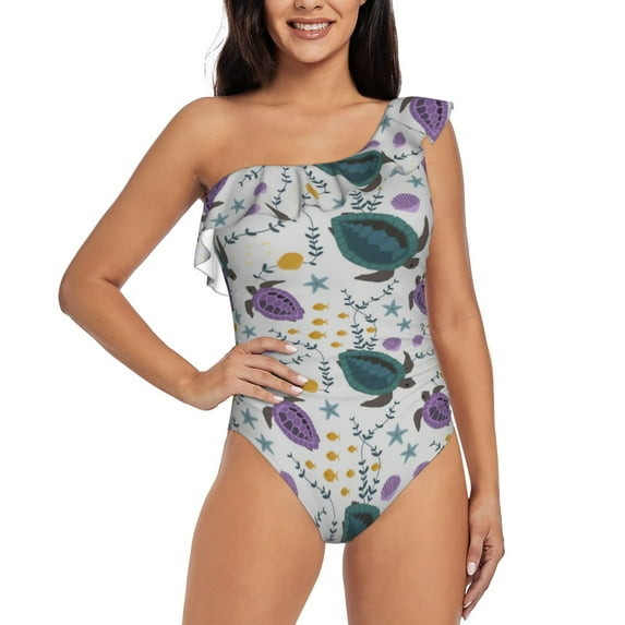 Wukai Turtle Chic One Shoulder Swimwear with Ruffle Design and Tummy Control Skirt: Fashionable, Supportive, Comfortable for Beach-X-Large
