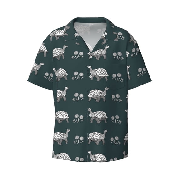Wukai Turtle Chrysanthemum Men's Casual Short-Sleeve Button Down Shirt - Lightweight Summer Dress Shirt for Daily Wear-3X-Large