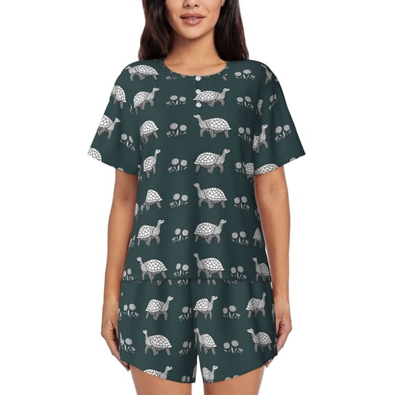 Wukai Turtle Chrysanthemum Women's Pajama Set,Short-Sleeve Top and Shorts with Elastic Waistband and Pockets for Loungewear, Yoga, and Casual Wear-3X-Large