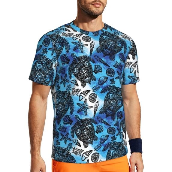 Wukai Turtle，Shell Algae Starfish Coral Print Men's Short-Sleeved Mesh T-Shirt,Quick-Dry Short Sleeve Workout T-Shirt-Large