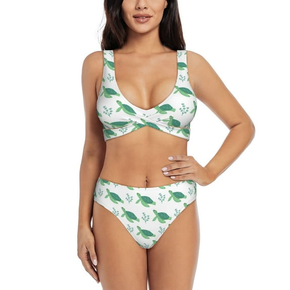 Wukai Turtle Women's Bikini Set Two Piece,wimsuit High Waisted V Neck Twist Front Adjustable Spaghetti Straps Bathing Suit-X-Large