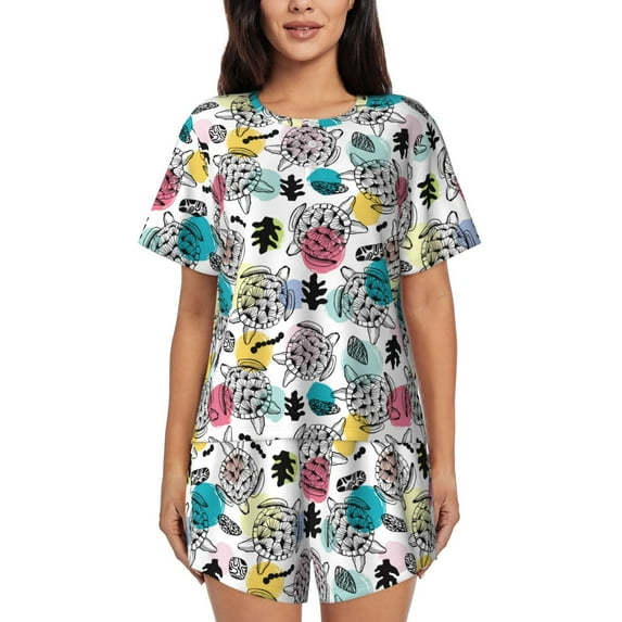 Wukai Turtle Women's Pajama Set,Short-Sleeve Top and Shorts with Elastic Waistband and Pockets for Loungewear, Yoga, and Casual Wear-Small