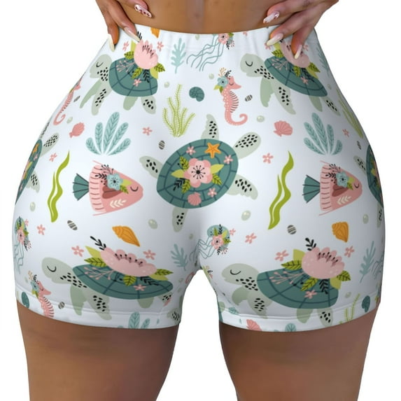 Wukai Turtle and Sea Life Print Pack Biker Shorts for Women Yoga Workout Gym Running Scrunch Active Shorts-XX-Large