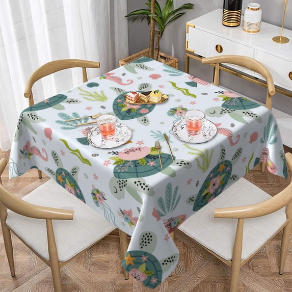 Wukai Turtle and Sea Life Waterproof Tablecloth for Kitchen Dining, Fits Square Tables for 2-4 Seats -60"x60"