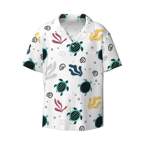 Wukai Turtles And Corals Men's Casual Short-Sleeve Button Down Shirt - Lightweight Summer Dress Shirt for Daily Wear-Small