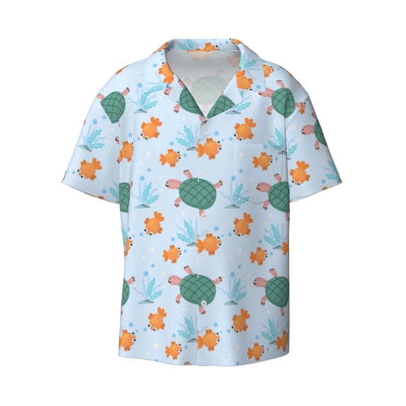 Wukai Turtles And Goldfish Men's Casual Short-Sleeve Button Down Shirt - Lightweight Summer Dress Shirt for Daily Wear-