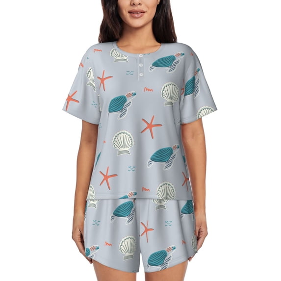 Wukai Turtles And Shells Women's Pajama Set,Short-Sleeve Top and Shorts with Elastic Waistband and Pockets for Loungewear, Yoga, and Casual Wear-Small