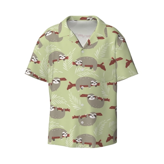Wukai Twig Sloth Men's Casual Short-Sleeve Button Down Shirt - Lightweight Summer Dress Shirt for Daily Wear-3X-Large