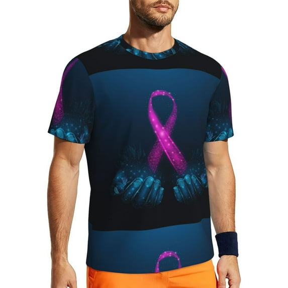 Wukai Two Human Hands are Holds Ribbon Awareness Print Men's Short-Sleeved Mesh T-Shirt,Quick-Dry Short Sleeve Workout T-Shirt-4X-Large