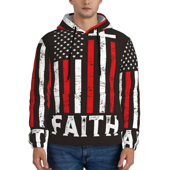 Wukai USA Flag Cross Print Men Hoodies Fleece Sweatshirts Long Sleeve Sweaters Pullover Fall Outfits Winter Clothes-Medium