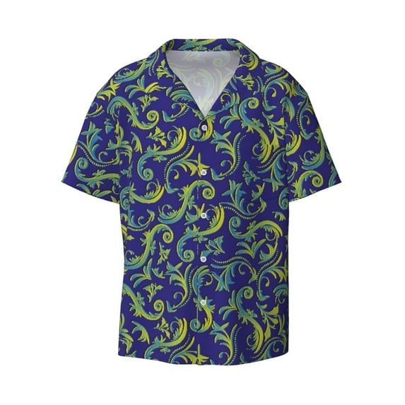 Wukai Uncaria Flower Men's Casual Short-Sleeve Button Down Shirt - Lightweight Summer Dress Shirt for Daily Wear-Medium