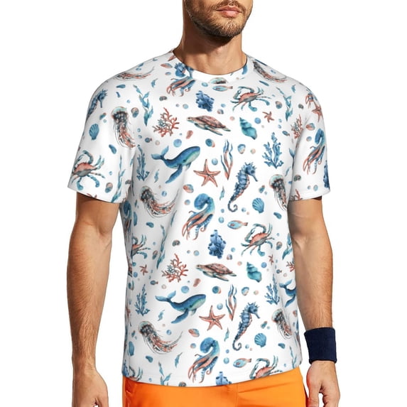 Wukai Undersea Animals Print Men's Short-Sleeved Mesh T-Shirt,Quick-Dry Short Sleeve Workout T-Shirt-6X-Large