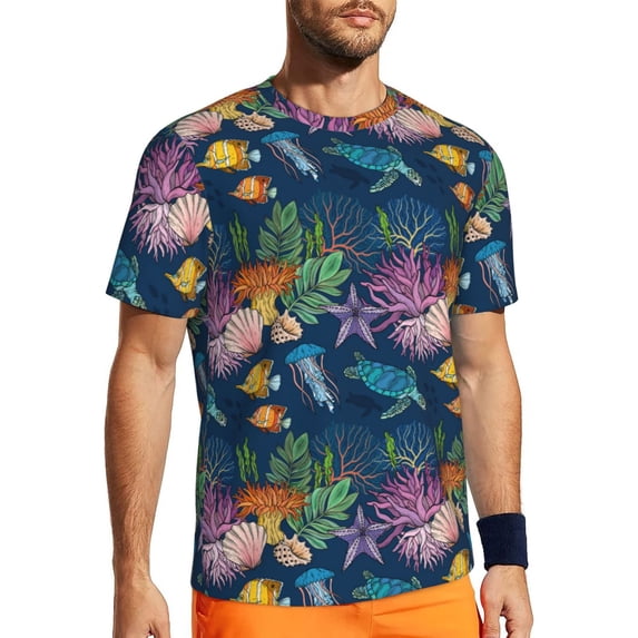 Wukai Undersea Animals Print Men's Short-Sleeved Mesh T-Shirt,Quick-Dry Short Sleeve Workout T-Shirt-Medium