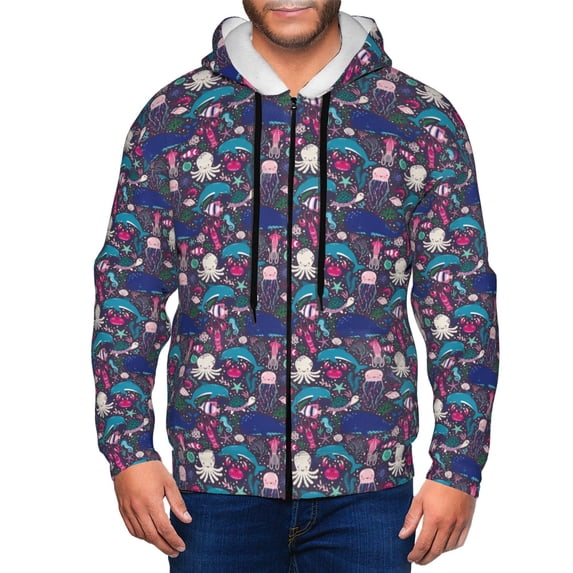 Wukai Underwater Animals Print Men's Zip-Up Hoodie,Fleece Full-Zip Hoodie for Men, Hooded Sweatshirt-Medium